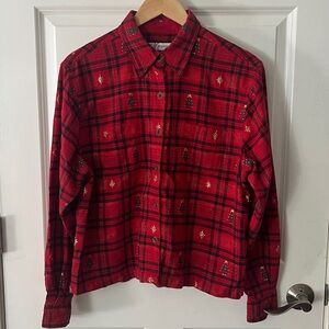 Dressbarn Red Plaid Holiday Buttondown Cotton Shirt Jacket Sz Large